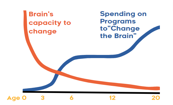 Graph showing relationship between brain's capacity to change vs. spending on programs to "change the brain" over time