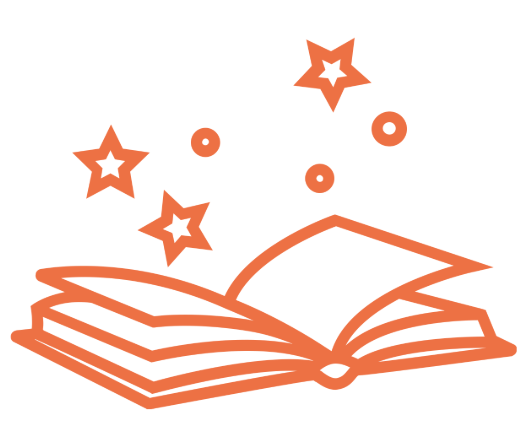 Icon of open book with floating stars above it