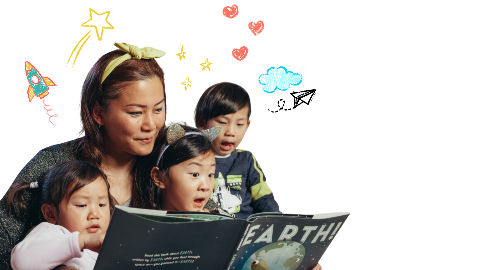 Proof: A young mother reading to her three young children.